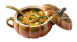 © Akash - Pumpkin shaped ceramic soup tureen with lid and ladle filled with vegetable soup isolated on transparent background