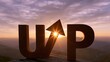 © Studio Nova - Large 3d wooden letters spelling up with arrow replacing u stem on mountain peak at sunrise