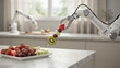 © Worker - Robotic arm holding a fruit skewer with strawberries, grapes, and kiwi over a plate in a kitchen