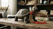 © Formoney - Bronze turtle figurine adorned with coins resting on wooden desk
