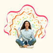 © Prostock-studio - Joyful Smiling Hispanic Woman Sitting Cross-legged With Hands Raised At Home Workshop, Surrounded By Vibrant Colors. Expressing Happiness And Positive Vibes In Creative Environment, Wellness Concept.