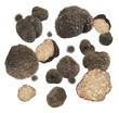 © New Africa - Truffle mushrooms flying in air against transparent background. Whole and sliced