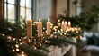 © InfiniteStudio - Close-up of Christmas mantel decor with candles, brass ornaments, and fairy lights in a bright living room setting Generative AI