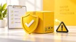 © Ridwan_DigitalGrid - Product quality control and safe delivery concept showing yellow cardboard box protected by shield with check mark and caution sign next to inspection checklist clipboard