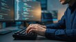 © Taras Roshchuk - Focused programmer works on complex code while sitting at a desk with multiple displays in a dimly lit room to complete software development tasks