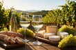 © miss irine - Two wine glasses with white wine sit on a table with bread and cheese. A vineyard stretches out in the background under a sunny sky, creating a perfect setting for an outdoor picnic.
