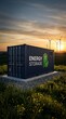 © Pixim Stock - Industrial energy storage container with wind turbines in background at sunset for renewable power solution concept.