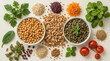 © siraphol - Balanced nutrition template with legumes, herbs, spices, and colorful fresh produce