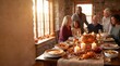 © Skyframe - Happy multi-ethnic family gathered for traditional Thanksgiving dinner in a cozy rustic dining room