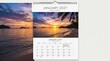 © Awais - January 2027 wall calendar featuring a tropical beach sunset landscape with palm trees and ocean view