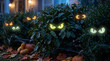 © VectorVille - Glow-in-the-dark eyes peering from bushes with Halloween pumpkins