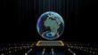 © antishock - Digital globe floats above platform. Binary code streams down background, creating futuristic scene. Technology, data visualization.