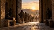 © Svitlana Vorotniak - A group of robed figures carries baskets through a massive wooden gate. The tall timber doors stand open against distant city rooftops. Ancient history and biblical-era city life.