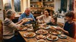 © ali - A happy multi-generational family enjoys a festive holiday meal together in a cozy kitchen setting with roasted turkey and potatoes while laughing and sharing food around a rustic wooden table