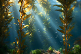 Kelp forest with sunlight beams and small fish highlighting marine biology blue carbon ecosystem and underwater wilderness