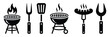 © MST SALEHA BEGUM - BBQ grill icon with barbecue tools, spatula, grill fork, picnic fire, and clean black and white vector illustration for food graphics