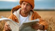 © Pinklife - A contemplative man seated in a golden wheat field, engrossed in reading a newspaper, capturing a moment of peace amidst nature, dressed in casual autumn attire, radiating calmness.