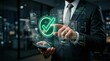 © Sagor - Corporate compliance checkmark icon with businessman touching futuristic glass screen, digital quality assurance and document verification concept