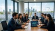 © Maaham - Diverse Corporate Team Reviewing Renewable Energy Plans with Solar City Background