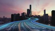 © TechAnimationStock - American business district visualizing digital economy, global commerce, financial activity, data flow and urban growth in city at dusk. Aerial