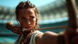 © svastix - A focused young woman aiming an arrow with precision in a sunny athletic arena, showcasing her strength, skill, and intensity as an archer in motion.