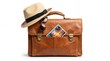 © AL IMRAN - Brown leather briefcase with straw hat, sunglasses, and tropical postcard, ready for a vacation, isolated on white background