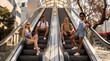 © benjamin - A group of young travelers with backpacks and casual attire sits on separate escalators in an urban setting, enjoying a moment of rest during their journey.