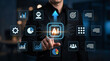 © MdAmin - Businessman touching futuristic AI chip interface with digital icons and data