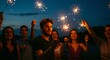 © Rio - Celebration with Sparklers at Dusk: A group of smiling friends enjoy a festive evening, holding sparkling sparklers under a twilight sky, creating a magical ambiance of joy and togetherness.