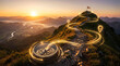 © MdAbul - Compass guiding a digital path to mountain summit peak at sunrise adventure