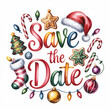 © Chris - Festive watercolor illustration with 'Save the Date' text and Christmas decorations on white.