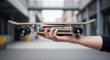 Person holding a portable folding skateboard in a room