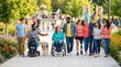 © FYN ART - A diverse group walking in a park, some with wheelchairs and a guide dog.