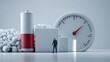 © KORANIS - A surreal scene featuring a large battery with a low charge level, a clock indicating passing time, and a miniature figure standing in front of glowing cubes.