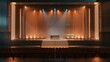 © Generative AI - Empty theater stage illuminated with warm orange spotlights
