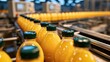 © Generative AI - Orange juice bottles moving along factory production line