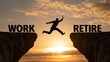 © Generative AI - Businessman silhouette jumping between work and retire cliffs