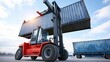 © Generative AI - Red reach stacker lifting blue shipping container in