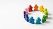 © UmerDraz - Colorful wooden human figures arranged in a circular formation on a white background surface with group small