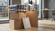 © Ruby - Stack of cardboard moving boxes with a plaid blanket and a checklist clipboard in a sunlit apartment interior