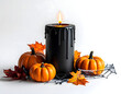 © Trannumtip - A dark, dripping candle sits at the center of a festive Halloween display, surrounded by vibrant orange pumpkins and autumnal leaves, accented by a delicate spider web.