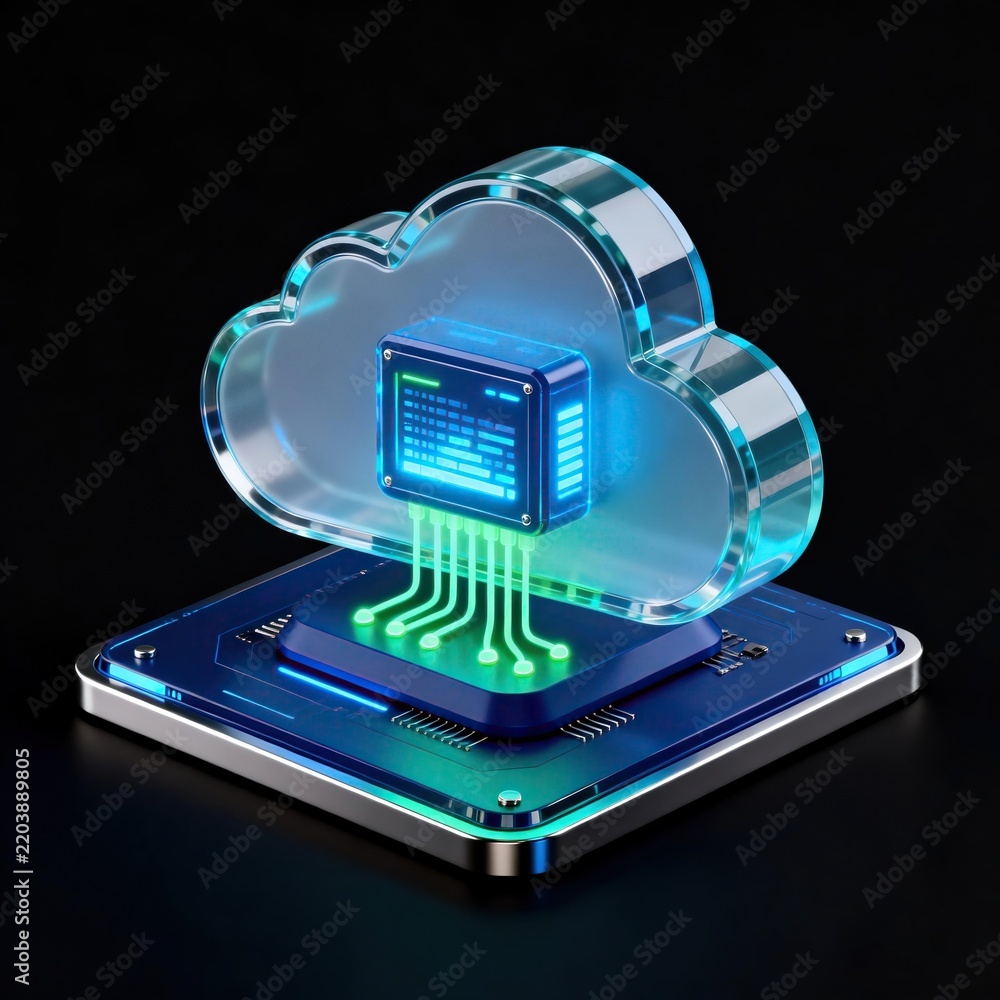 3d rendered glowing blue glass cloud computing icon with microchip on ...