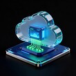 © wilson - 3d rendered glowing blue glass cloud computing icon with microchip on circuit board on dark background technology concept for data storage
