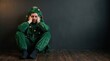 © CaptureCollabStudios - Sad man wearing a funny green Christmas tree costume sitting on the floor looking depressed