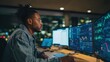 © iri.madrid.art - Male cybersecurity analyst monitoring multiple screens and data dashboards at a workstation for security operations center background and technology incident response