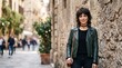© Анастасия Макевич - Smiling young woman with a layered shag haircut and dark green leather jacket posing by a textured stone wall outdoors