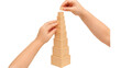 © TakoyakiAI - Montessori graduated cube tower, hands stacking natural wood blocks from large to small, no branding isolated. Montessori sensory aid isolated on white background.
