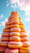 © Bernd Schmidt - Towering stack of donuts reaching up into soft blue sky in playful vertical scene generative AI