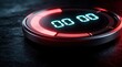 © miss irine - Digital timer shows zero on dark textured surface. Glowing red progress arc surrounds blue numeric display. Electronic stopwatch device counts down time. Modern circular clock interface with led