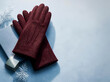 © Creative Art - Winter 2026 2027 fashion flat lay: premium burgundy wool gloves with brushed metal cube and delicate frost crystals on pale blue, large copy space for seasonal retail and accessory ads.